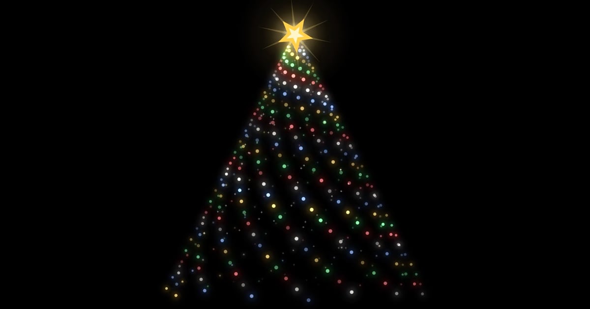 A spiral Christmas tree of colored lights with a glowing star on a black background, one of Lazy Lighting's built-in Christmas scenes