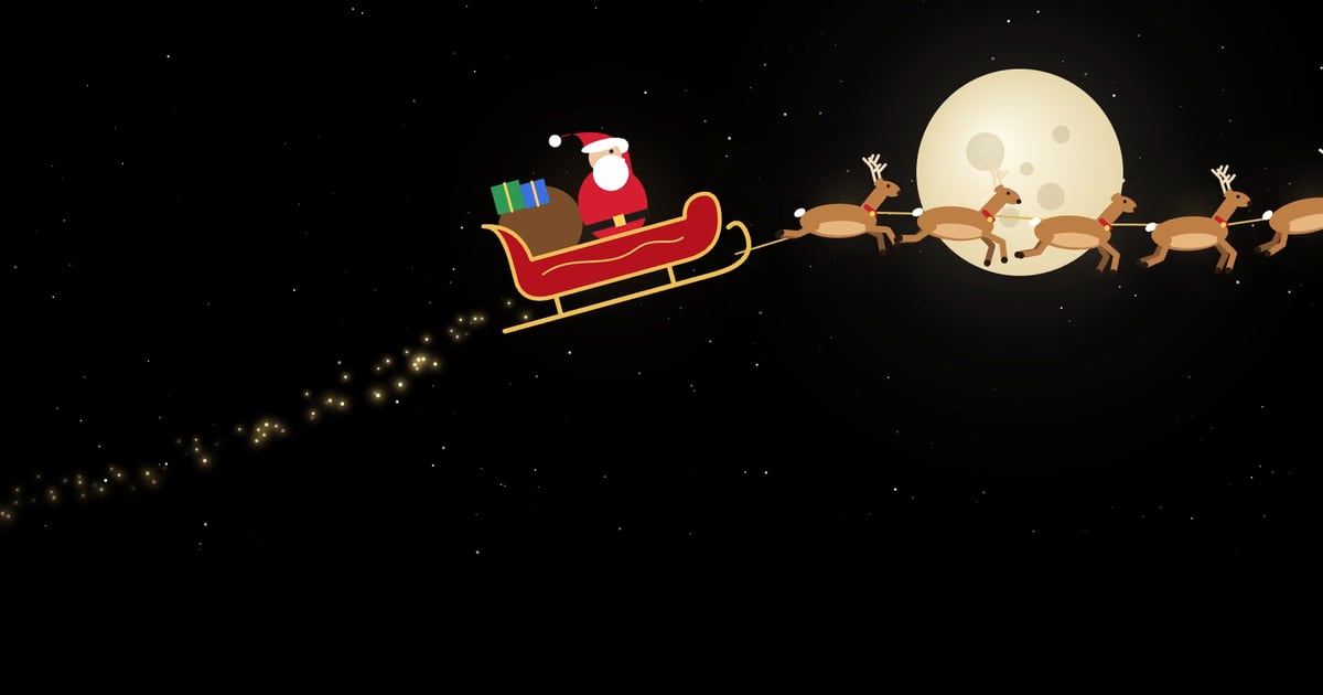 Santa's sleigh and reindeer crossing a full moon on a black background, one of Lazy Lighting's built-in Christmas scenes
