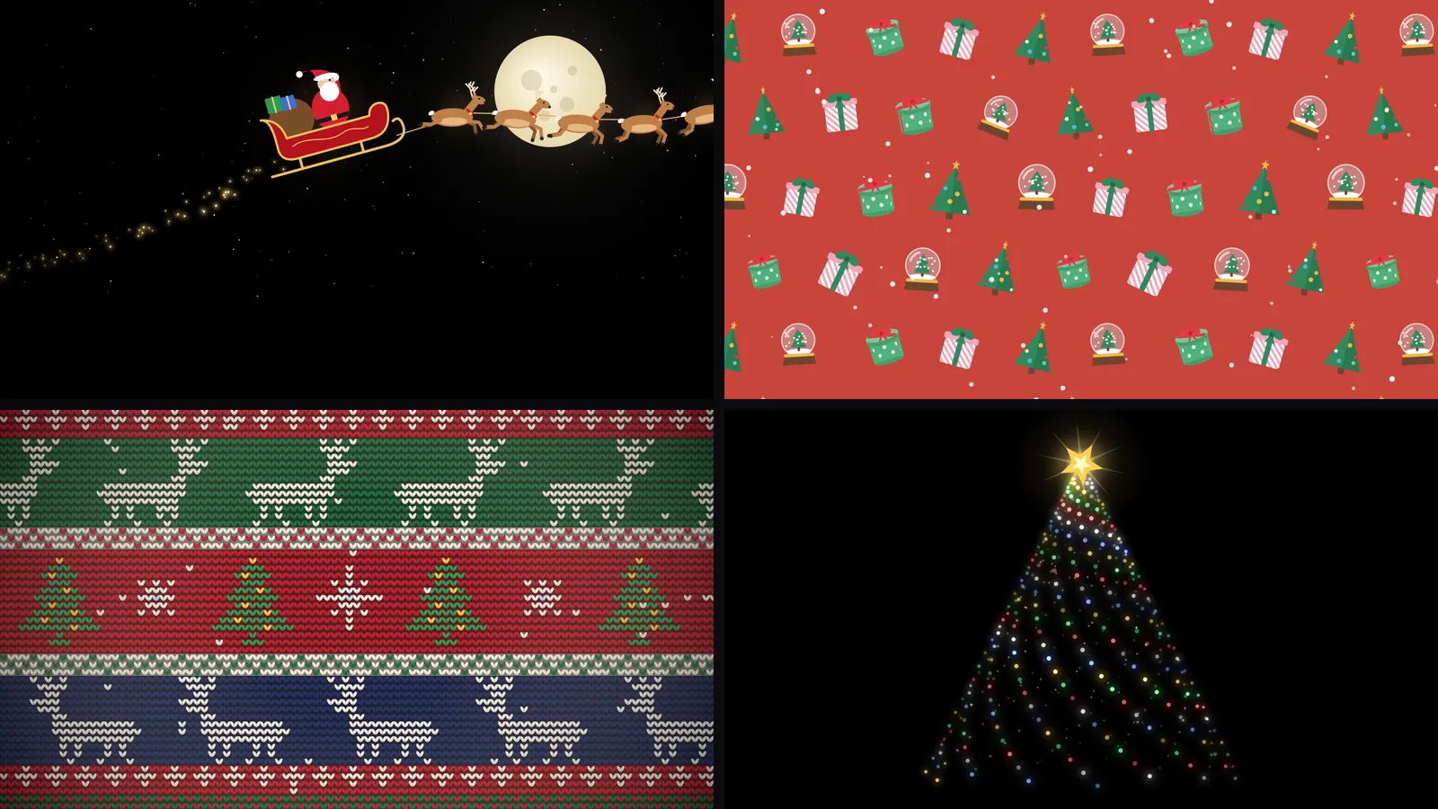 Four of Lazy Lighting's built-in Christmas scenes: Santa's sleigh crossing a full moon, a red wrapping-paper pattern of gifts, trees and snow globes, a knitted reindeer sweater pattern and a spiral light tree