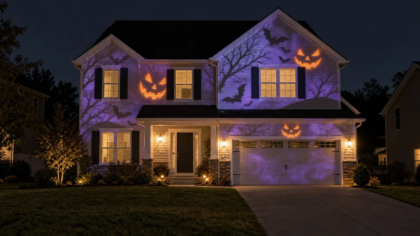 Illustration of a two-storey house at night with purple Halloween projections of bats, bare trees and jack-o'-lantern faces across its front