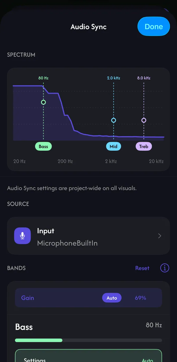 Audio Sync: spectrum with Bass, Mid and Treble handles and per-band Settings set to Auto