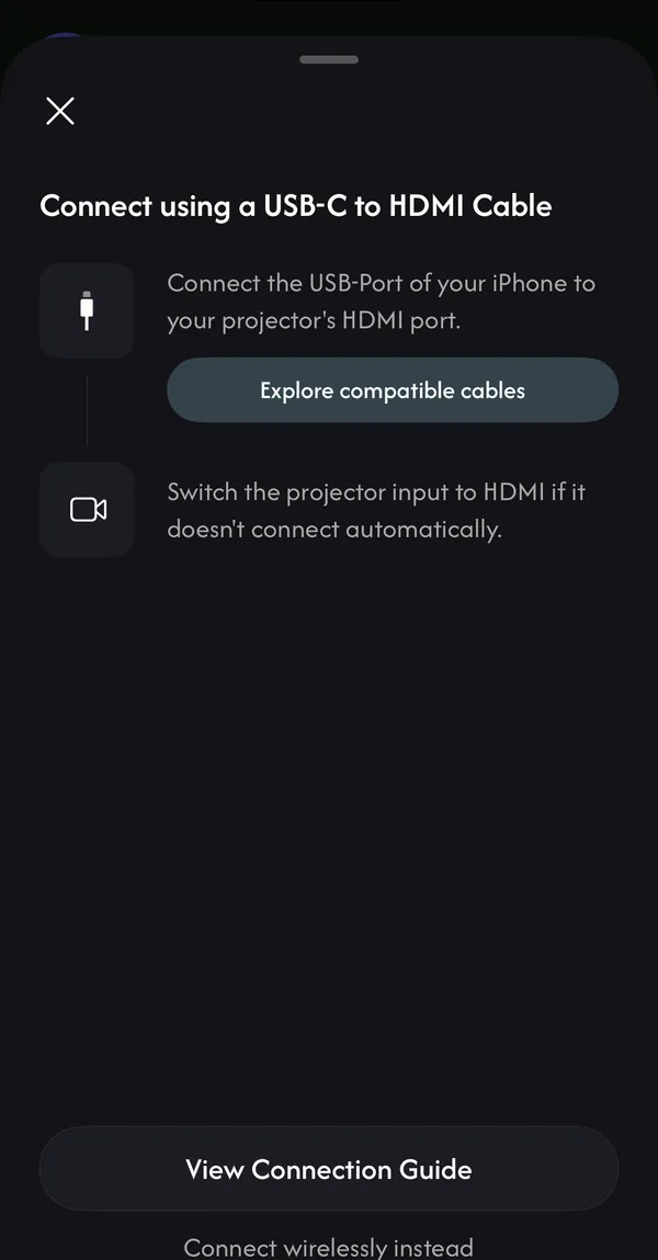 Wired connection sheet: Connect using a USB-C to HDMI Cable, with Explore compatible cables and View Connection Guide