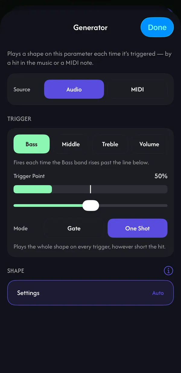 Generator screen: Source Audio or MIDI, Bass trigger with Trigger Point, Gate or One Shot mode