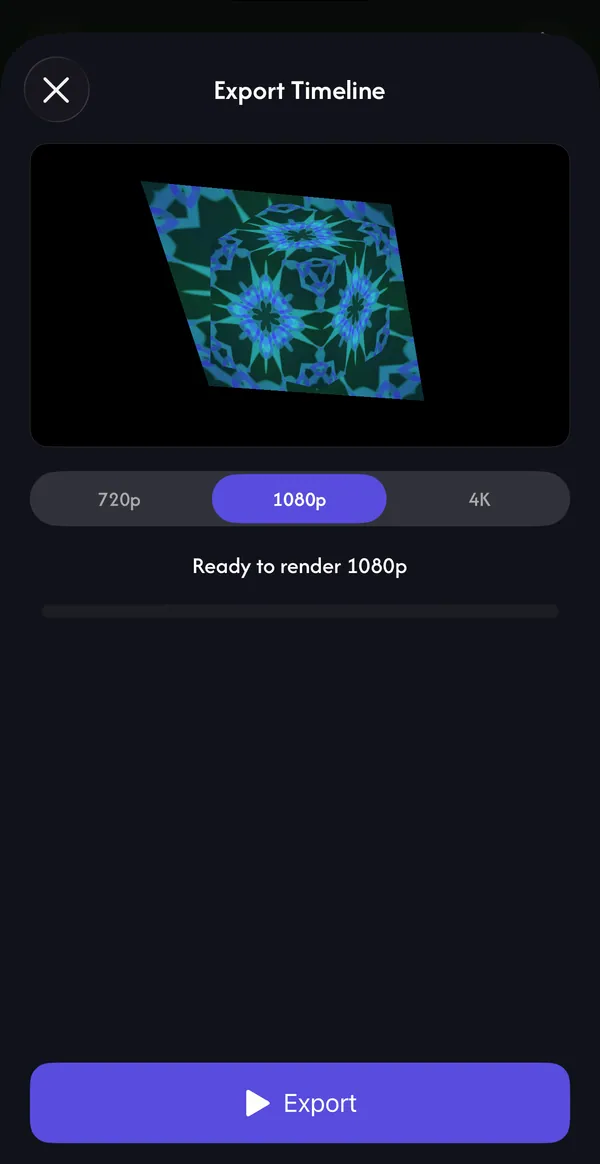 Export Timeline with 720p, 1080p and 4K options and an Export button