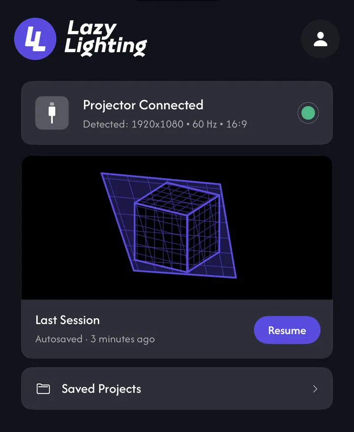 Home screen showing Projector Connected, Detected: 1920x1080, 60 Hz, 16:9