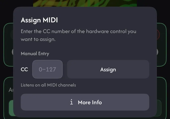 Assign MIDI dialog with a CC number field, Assign button and Listens on all MIDI channels