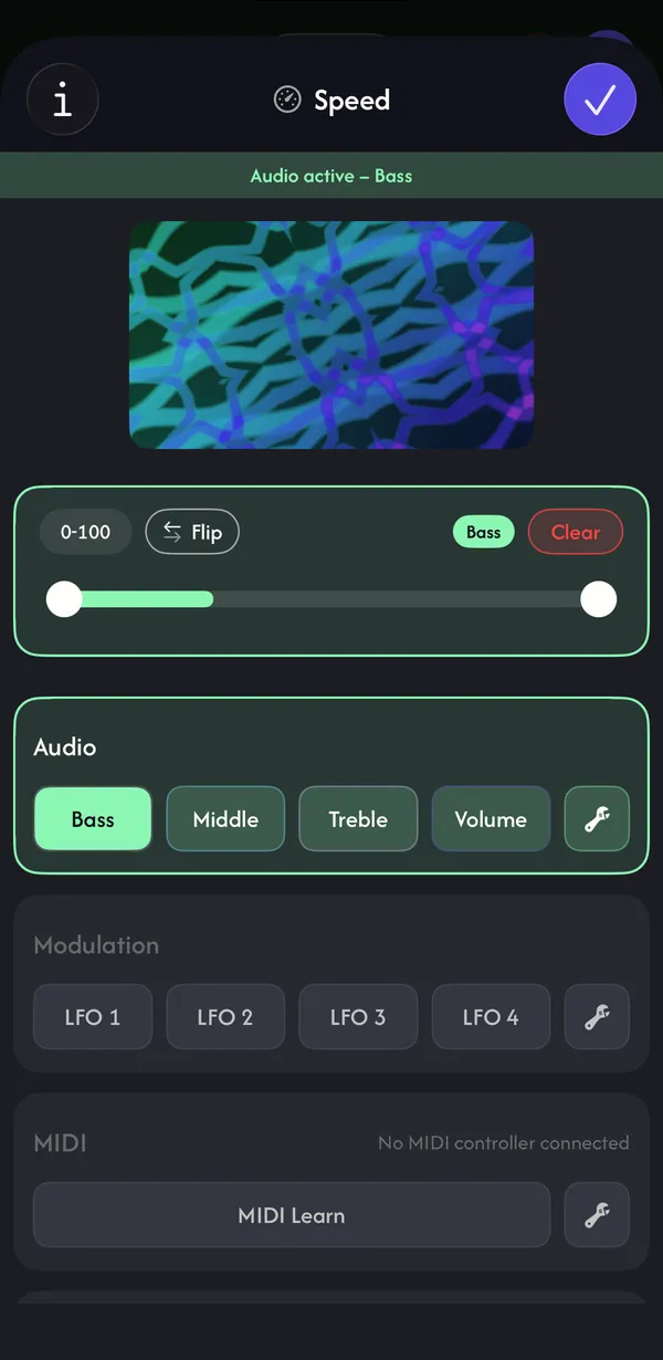 Speed setting linked to Bass: range slider with Flip and Clear, and Bass selected under Audio