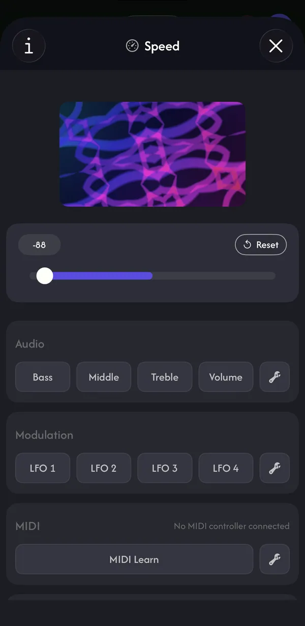 A setting's detail screen with a preview, the value slider and the Audio source buttons