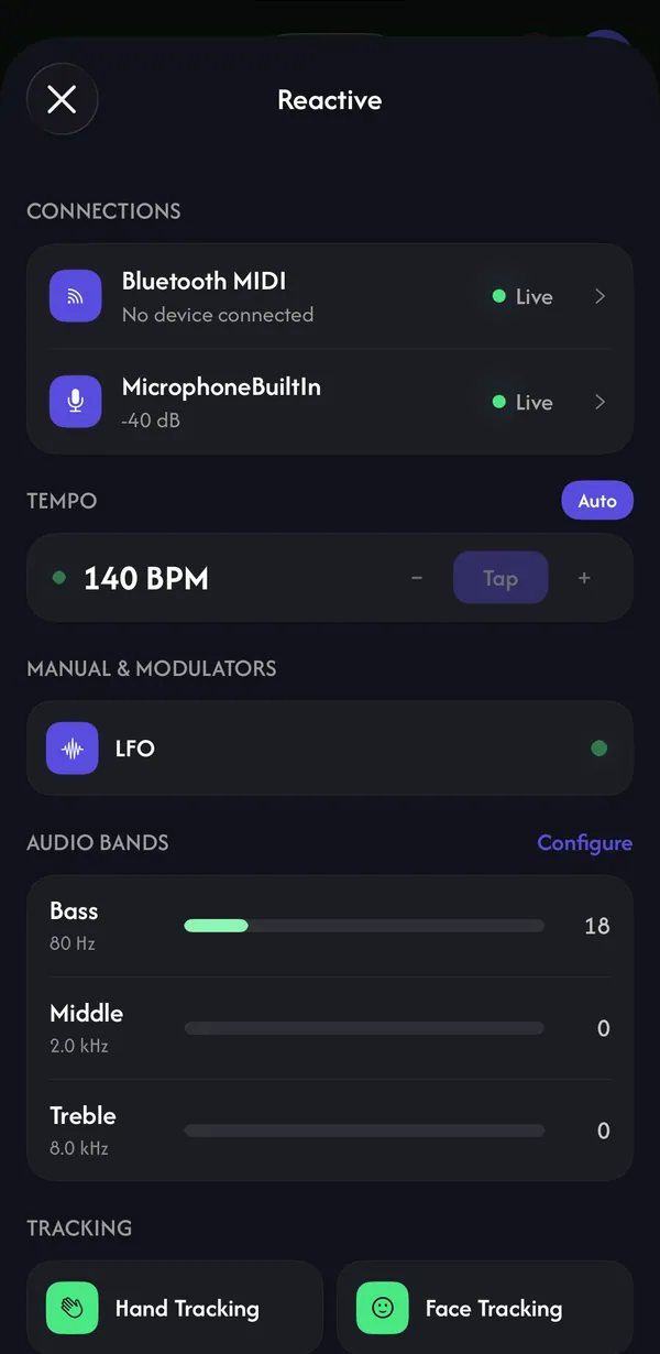 Reactive menu: Bluetooth MIDI and microphone connections, Tempo at 140 BPM, LFO, Audio Bands and Hand and Face Tracking