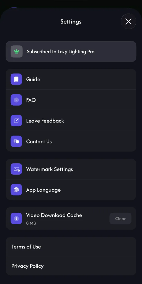 Settings: Guide, FAQ, Leave Feedback, Contact Us, Watermark Settings, App Language, Video Download Cache, Terms of Use and Privacy Policy