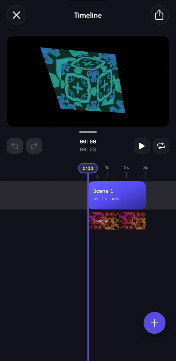 Timeline with a preview, transport controls and a Scene 1 clip on the track
